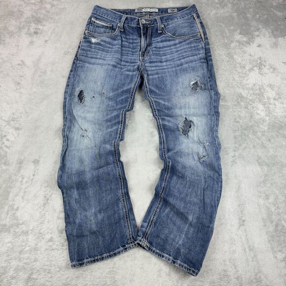 BUCKLE BKE Derek Straight Distressed Ripped Grunge Denim Jeans Thick Stitch 31R - Picture 1 of 11